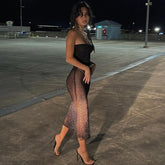 Voguable  Mesh Off Shoulder Black Sleeveless Patchwork See Through Midi Dress Bodycon Holiday Party Outfits Y2K